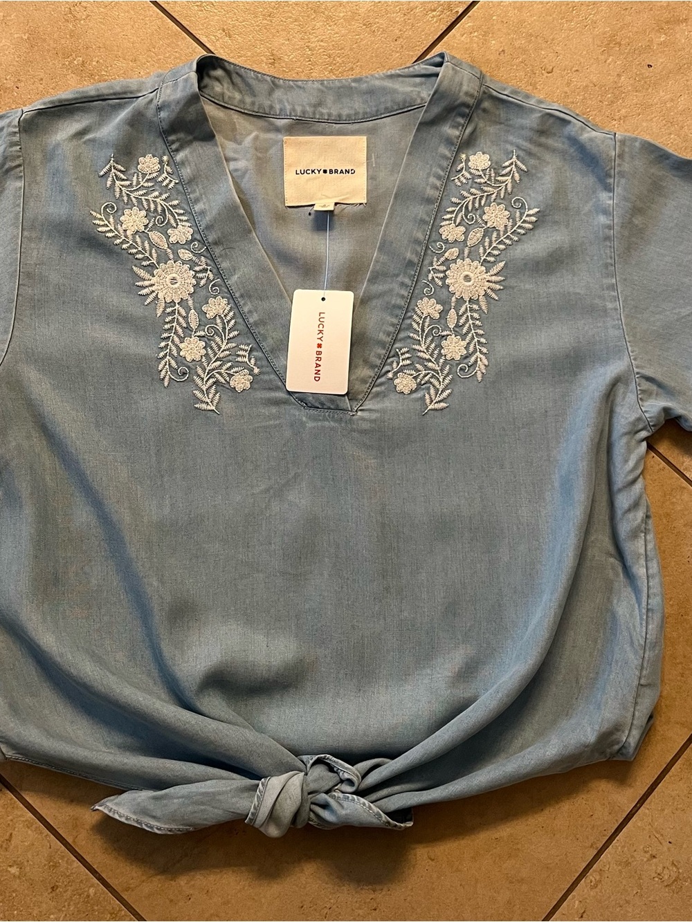 Lucky Brand Chambray Blue Embroidered V-Neck Tunic